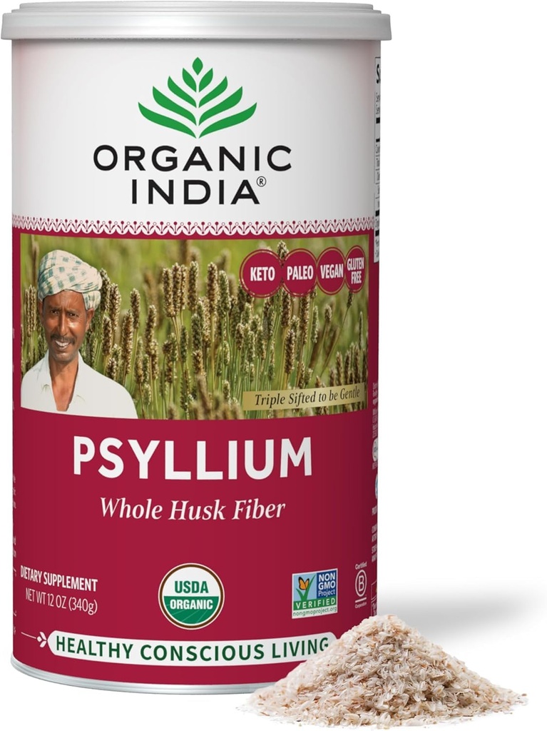 ORGANIC INDIA Celý Psylium Husk Powder Organic - Psylium Husk Fiber Supplement, Digestion Support, Vegan, Gluten- Free, Non-GMO, Soluble & Nerozpustný Fiber Source - 12 oz (balení po 1)