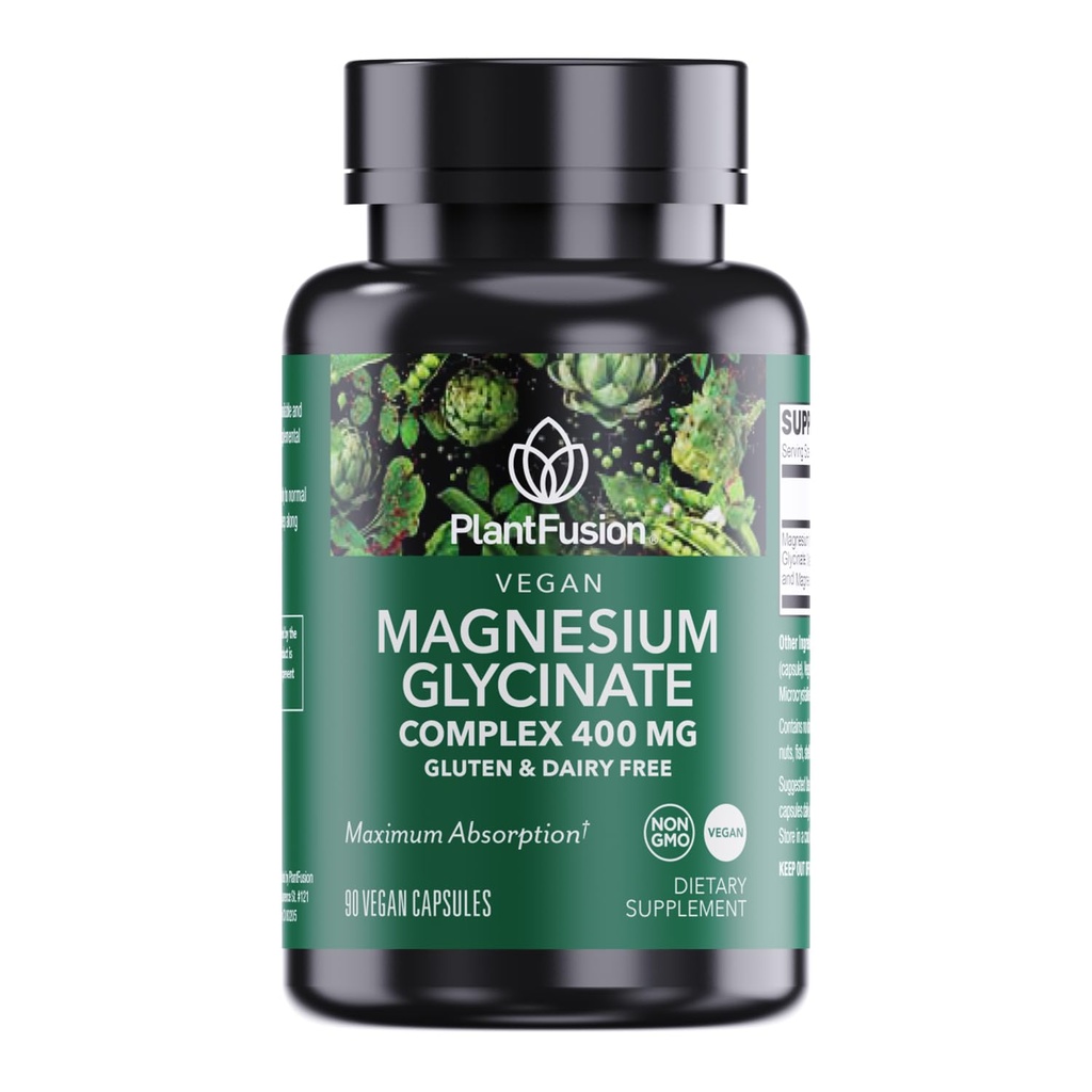 PlantFusion Vegan Magnesium Glycinate Complex 400 mg - Vysoká absorpce a biologická dostupnost - Chelated - Podporuje svalovou relaxaci, spánek, kardio zdraví, stresovou úlevu a výrobu energie - Non GMO