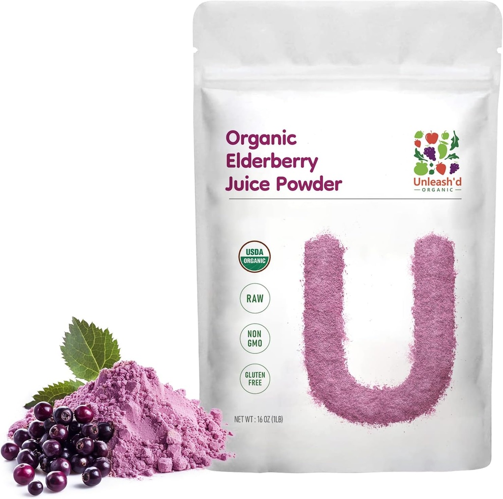 UNLEASH 'D ORGANIC Organic Elderberry Juice Powder 16 oz 100% čisté přírodní zelené potraviny, bohaté na antioxidanty a multivitaminy, vysoké antioxidační účinky, anti- zánětlivé