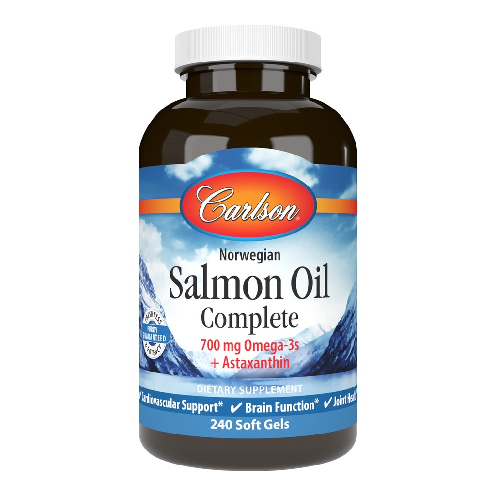 Carlson - Salmon Oil Complete, 700 mg Omega-3s + Astaxanthin, Kardiovaskulární podpora, funkce mozku a společné zdraví, norské, 240 Softgels