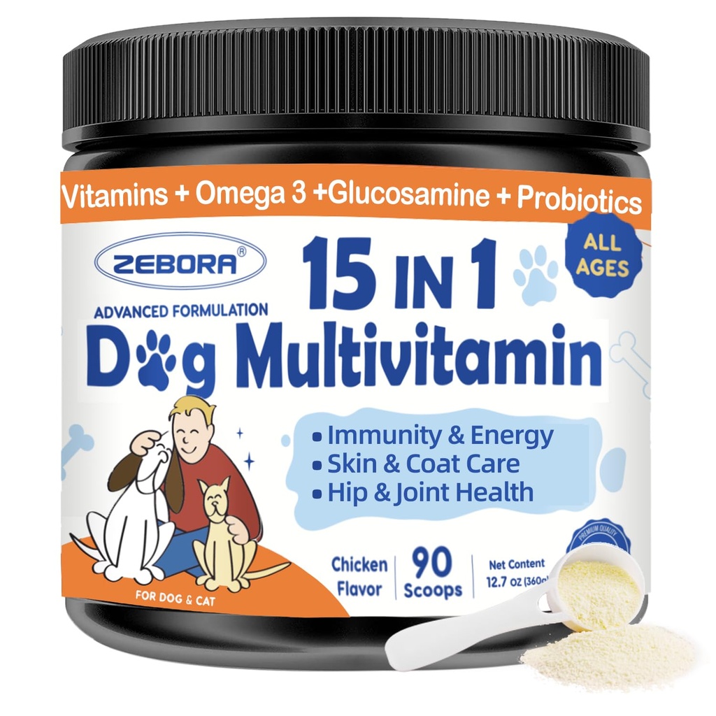 ZEBORA Dog Multivitamin Powder with Glucosamine, Dog Vitaminy a doplňky pro imunitní podporu, kůže a kabát doplněk s Omega 3 pro alergickou úlevu, Probiotika pro stravitelné & Gut zdraví