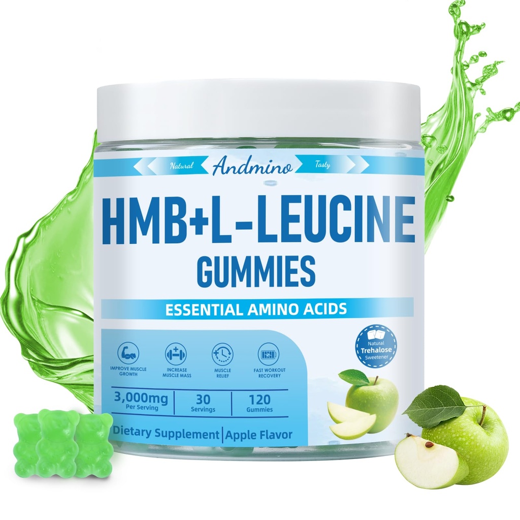 HMB a L- Leucin Gummies, 3000mg, s Trehalose, pro růst svalů, svalové úlevy a cvičení zotavení, pro dospělé & Starší, Non- GMO, Vegan, gluten zdarma, Apple Flavor, 120