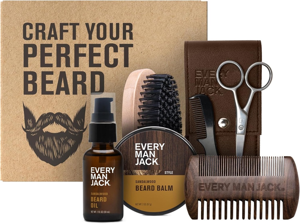 Každý muž Jack Beard Grooming Kit pro muže - Zahrnuje Sandalwood Beard Oil & Beard Balm, Beard Brush, Dřevěný Dual- sided Comb, Trimming nůžky a Mustache Comb