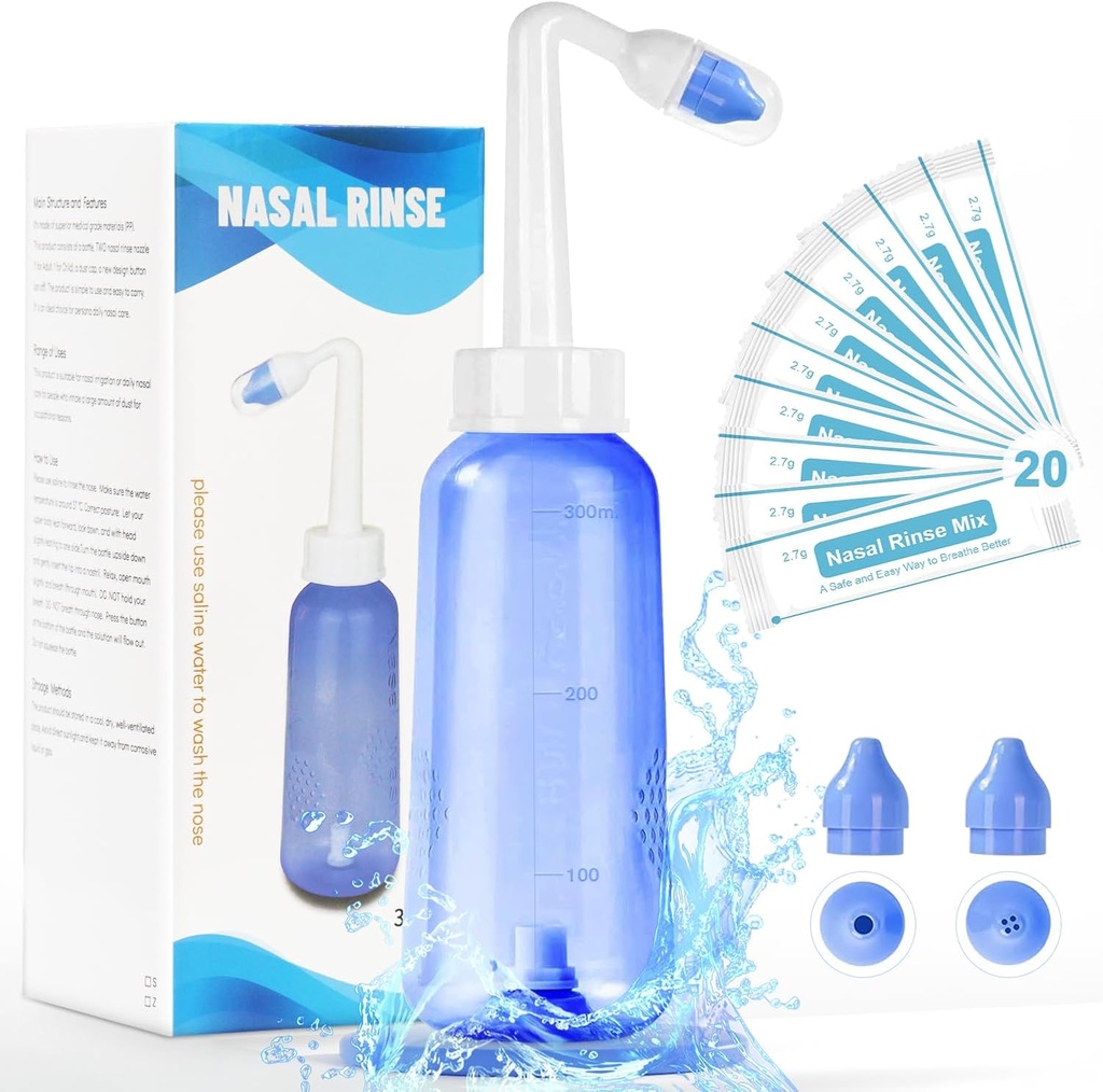 Neti Pot Sinus Rinse Lahvička - Jemný nazální čistič lahev pro účinný tlakový zavlažovač 300 ML s 20 Nazálními solnými balíčky