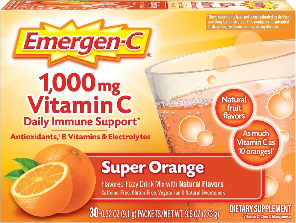 Emergen- C 1000mg vitamin C prášek pro denní imunitní podporu kofein zdarma vitamín C doplňky se zinkem a mangan, B vitaminy a elektrolyty, Super Orange Flavor - 30 Počet