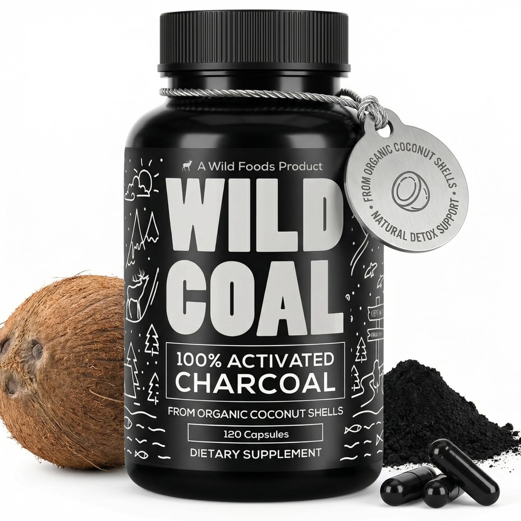 Wild Foods Activated Charcoal Kapsle 124; 100% Organic Coconut Shells Aktivní tablety pro nafouknutí a kocovinu 124; Lab Tested & Non- GMO Detox pilulky 124; Made in USA (120 Kapsle)
