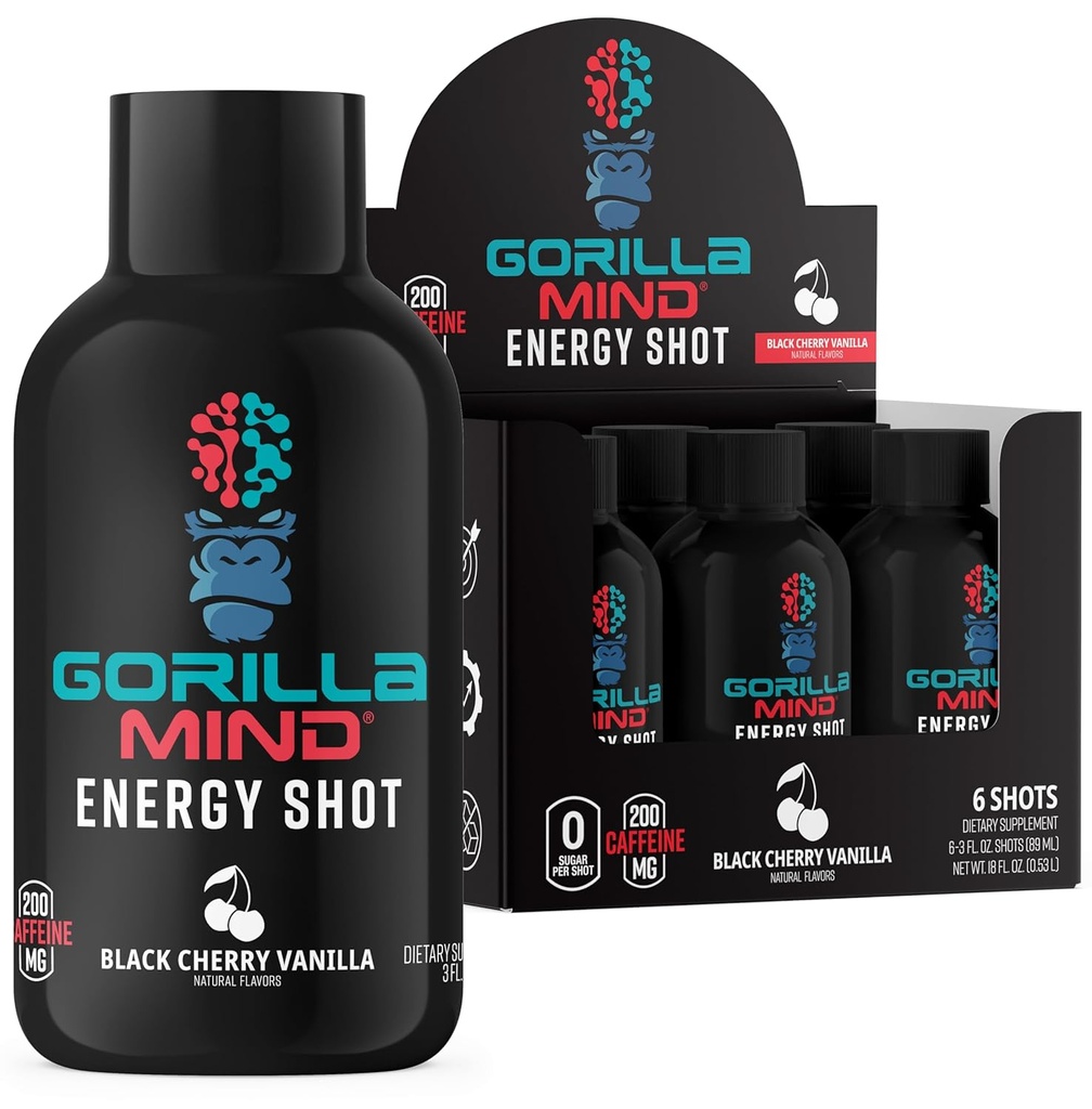 Gorila Mind Energy Shots (Pack of 6) - Vylepšený focus & Energy, Sugar- Free, Fast- acting, Potent Formule s vitamíny a přírodní extrakty (Black Cherry Vanilla)