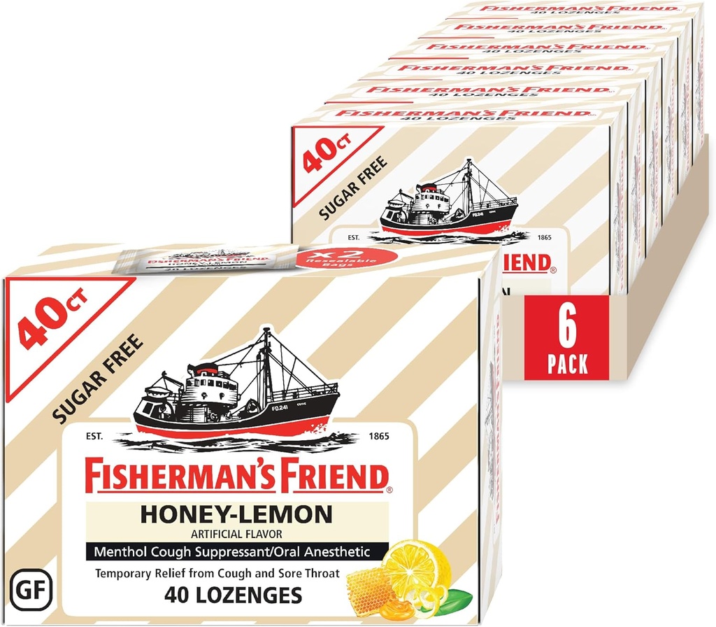 Fisherman 's Friend Cough Drops, Cough Conpressant and Sore Throat Lozenges, Cukr zdarma Honey- Lemon, 5.52mg Menthol, 240 Drops (6 balení po 40)