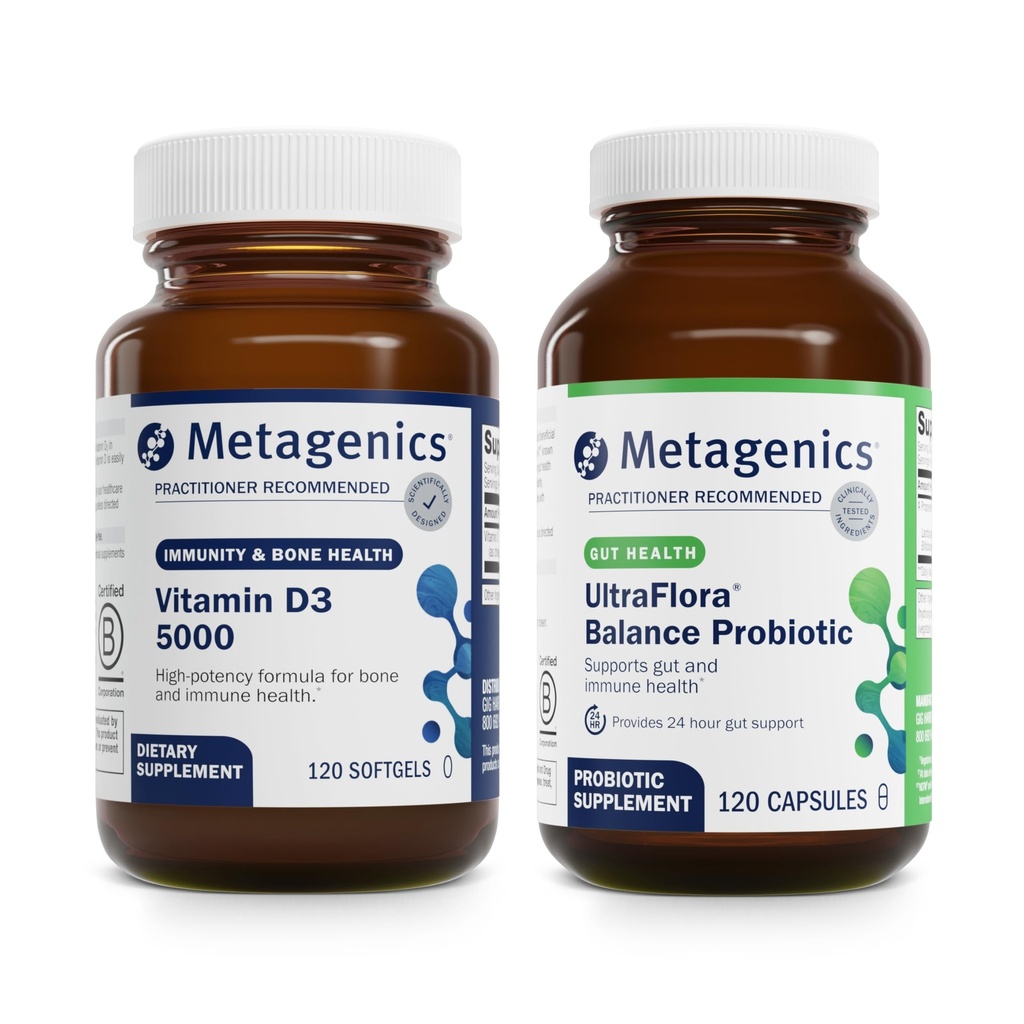 Metagenika Bundle - D3 5000 & UltraFlora Balance - 120 Softgels D3 5000 pro imunitní podporu, zdraví kostí a srdce - 120 Kapsle UltraFlora Balance pro stravitelné zdraví
