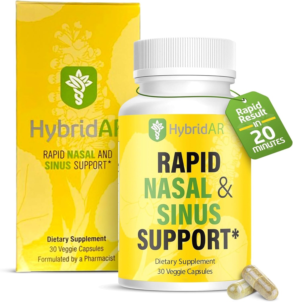Hybridar Rapid Sinus Relief and Calm - Rychle působící Non- Drowsy Sinus Support and Medicine - Přírodní decongestants pro dospělé s antihistaminikem, Quercetin, a Butterbur pro alergie - 30 Kapsle