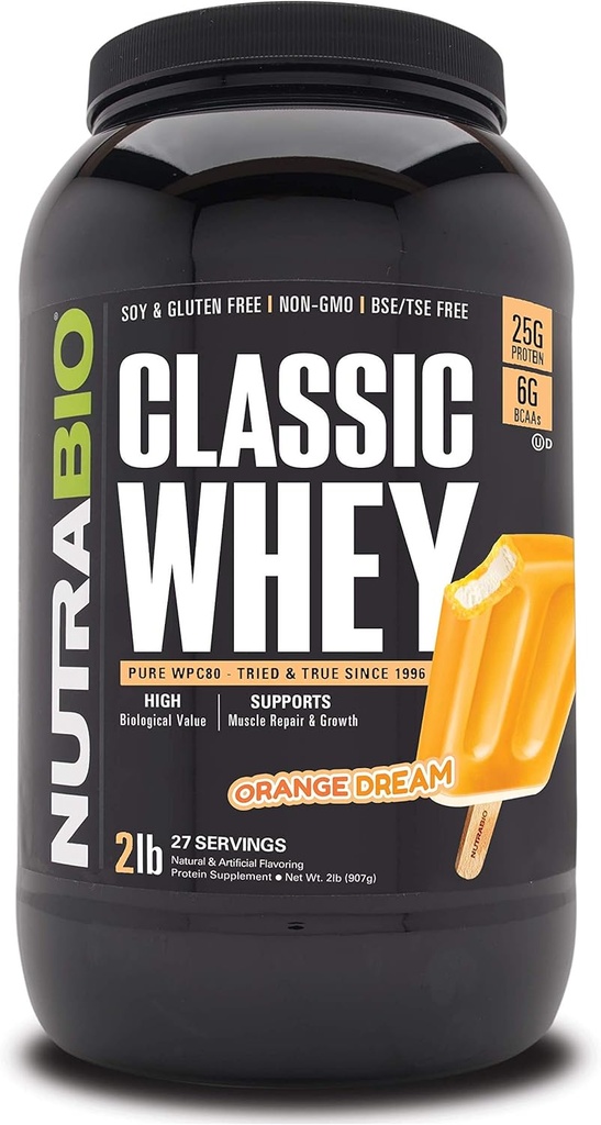 NutraBio Classic Syrovátkový prášek - 25G proteinu per Scoop - Full- Spectrum Amino Acid Profile - No Fillers, Umělé barvy, Konzervanty - Orange Dream, 2 Pounds