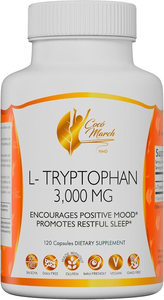 Cocó March N.M.D L-Tryptophan Sleep Aid 500 mg, gluten Free, Vegan, GMO Free, Dairy Free, Keto Friendly, Soy Free - 30 Služeb