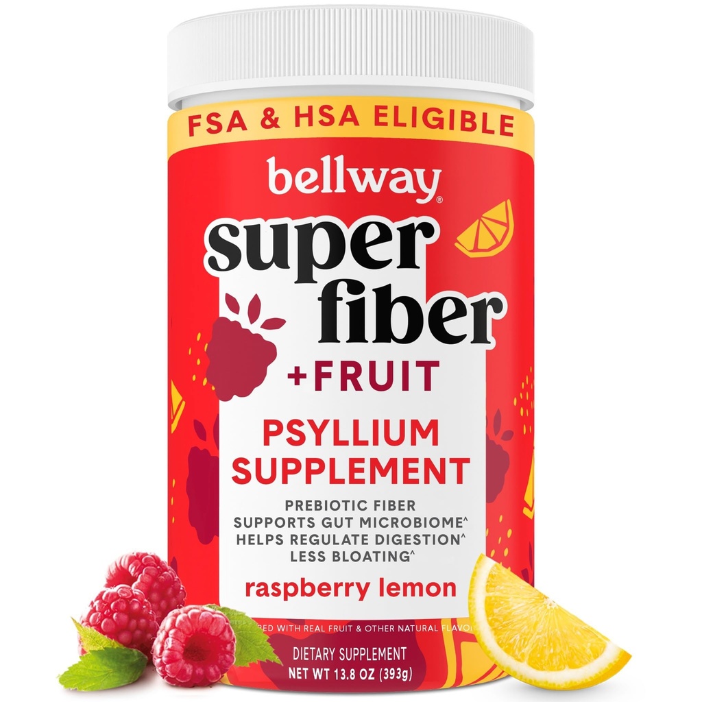 Bellway Super Fiber Powder + Ovoce, Sugar Free Organic Psylium Husk Powder Fiber Dodatek pro Regularitu, Bloating Relief & Digestive Health, Plant- based, Malina Lemon (50 Služeb)