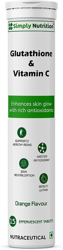 Glutathione s vitamínem C, pro zdravou a mladistvou pleť - Evens Skin Tone pro muže a ženy. Sugar- Free, Orange Flavour, 15 Effervescent Tablety (Balení po 1)
