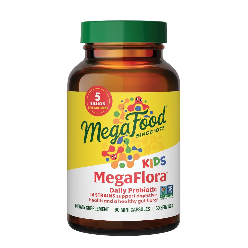 MegaFood MegaFlora Kids Probiotika - 5 miliard CFU - Non- GMO, Vegetarian, Made Without 9 Food Alergens, Probiotika pro stravovací zdraví - 60 Mini kapsle (60 Služeb)