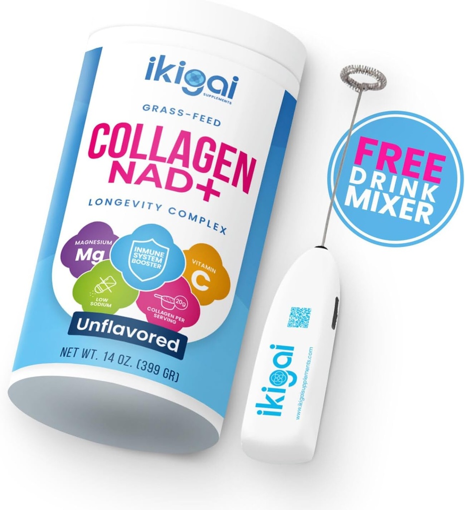 Ikigai Collagen s NAD + (30 Služeb) - Non- GMO, gluten- Free, Paleo, Kosher - No Flavor, Zahrnuje zdarma nápoj Mixer