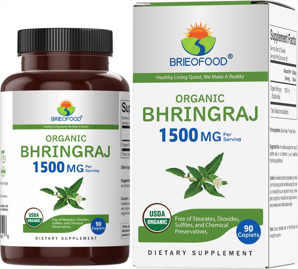 Brieofood Organic Bhringraj 1500mg, 45 Servings, Vegetarian, Gluten Free, 90 Vegetariánských tablet