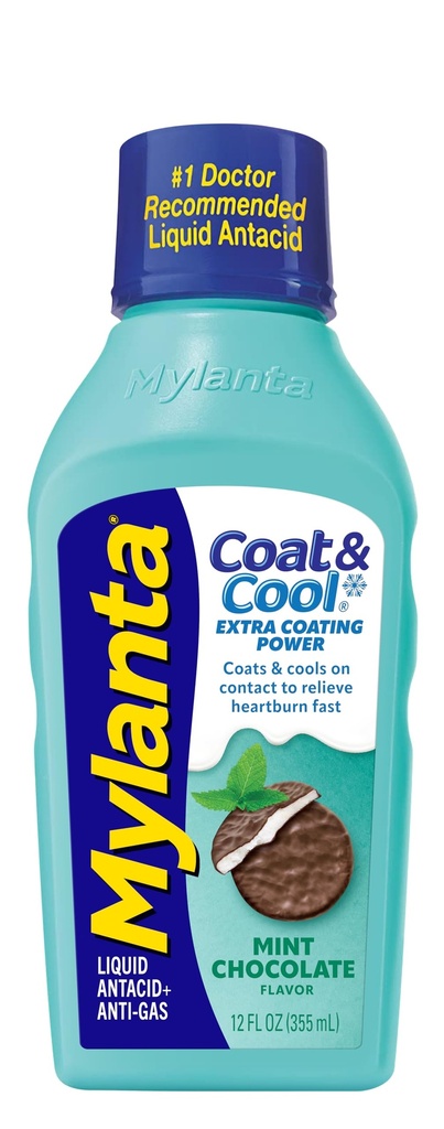 Mylanta Heartburn and Gas Relief, Liquid Antacid, Coat & Cool Formule, Mint Chocolate Flavor, 12 Fl Oz