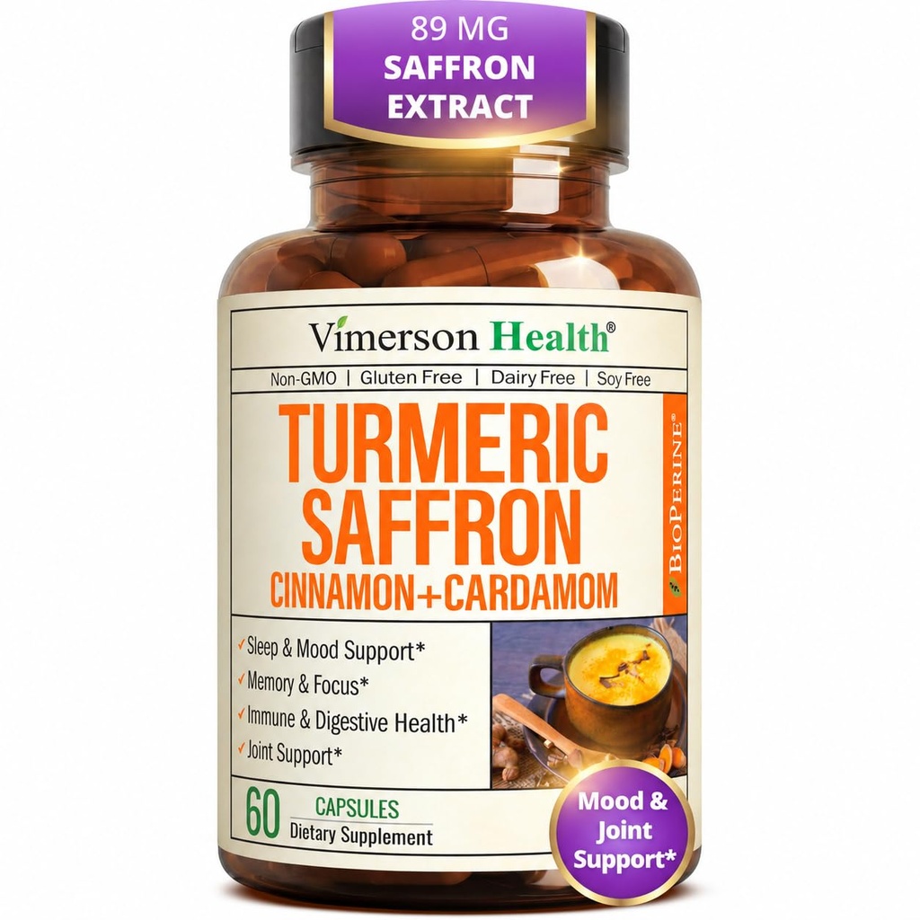 Saffron doplňky - 89mg Saffron Extract a 1000mg Tumeric Blend - Turmerický dodatek s Cejlonskou skořicí a kardamonem pro mood, Paměť a oční zdraví - Společné doplňky pro ženy a muže - 60 Počet