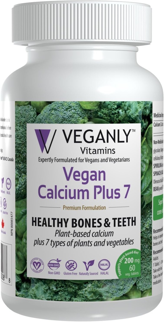 VEGANLY Vitamíny - Vegan vápník Plus 7 pro zdravé kosti a zuby (60 čepice) Plant- based dodatek