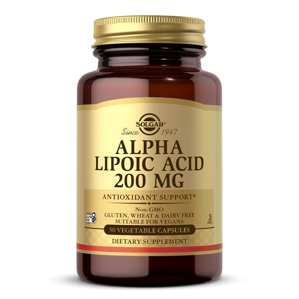 Solgar Alpha Lipoic Acid 200 mg, 50 Zeleninové kapsle - Antioxidant Support - Pomáhá Recycle Glutathione, Vitamin C & E, CoQ-10 - Non- GMO, Vegan, Gluten Free, Dairy Free, Kosher - 50 Služeb