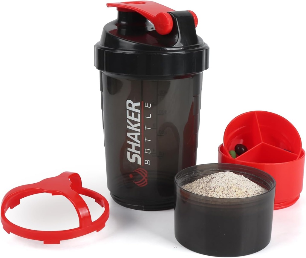 Shaker láhev, 16oz Protein Shaker Lahvičky s míchací koule, 3 v 1 Leak- proof GYM Shake Cup s práškem Storage & Pill Tray, Ideální pro cvičení, BPA zdarma Red