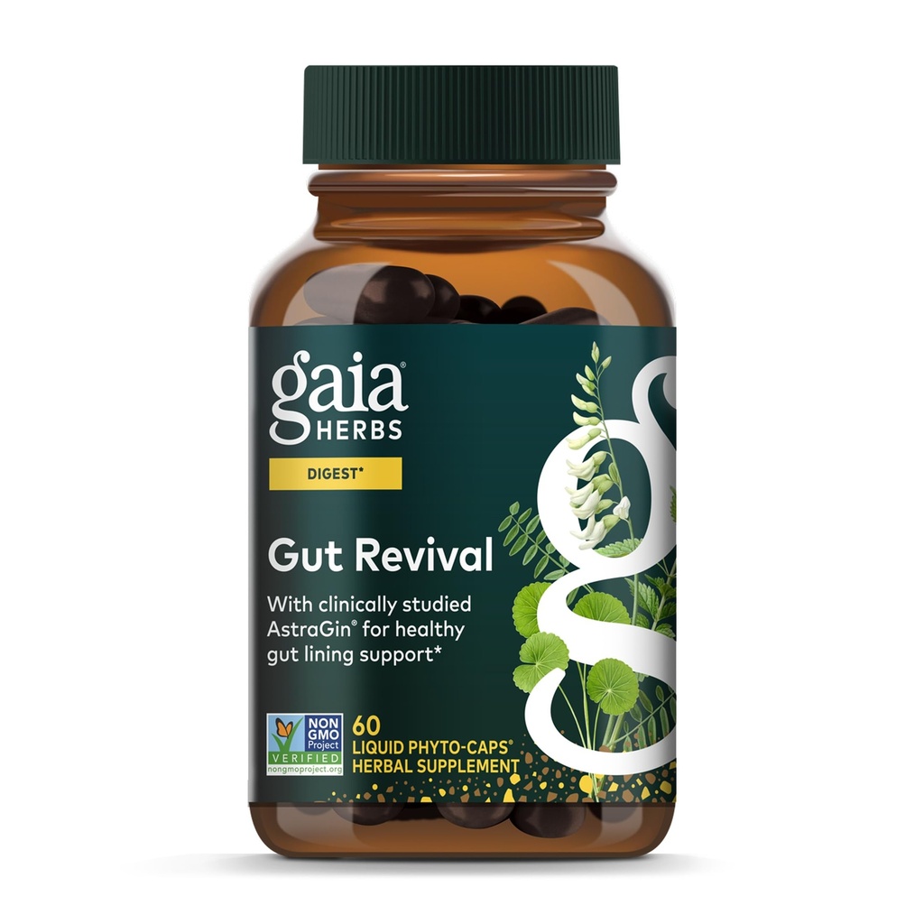 Gaia Herbs Gut Revival - Bylinný doplněk k podpoře Gut zdraví - Made with Astragalus, Gotu Kola, Jujube & More - Bez mléka, Soy & gluten - 60 Vegan Kapsle (60 Služeb)