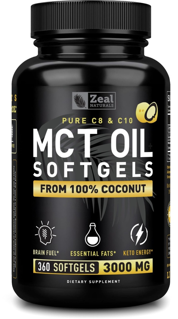 Čisté MCT olejové kapsle (360 Softgels 124; 3000mg) 4 Měsíční zásoba Keto pilulky w Nerafinovaný kokos - C10 & C8 Mozkové palivo, Energie, Octane Ketóza