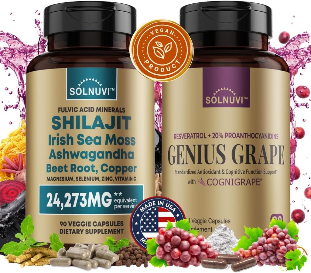 Kognitivní Wellness Bundle - Resveratrol Complex & Shilajit Fulvic Acid Minerals - Moss moře, Ashwagandha, Klinicky testované Cognigreen Red Grape Extract - Non- GMO, Gluten- free, Vegan dodatek