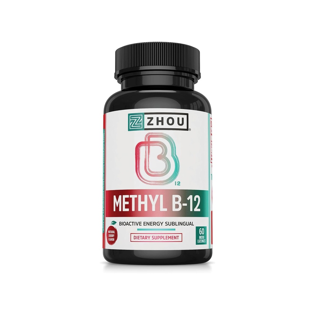 Zhou methyl B12 - methyl B-12 dodatek pro ženy a muže, vitamin B12 5000 mcg, Vegan Friendly, Cellular Energy and Nerve Function Support, Methylkobalamin - 60 Micro Lozenges