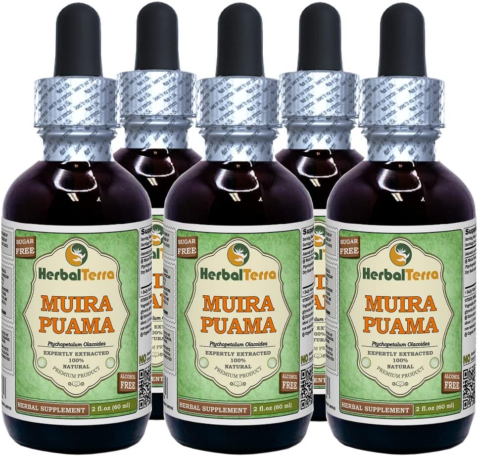 Muira Puama (Ptychoptetalum Olacoides) Glycerit, Organic Alcohol- Free Liquid Extract (Značka: HerbalTerra, Proroudly Made in USA) 5x2 fl.oz (5x60 ml)