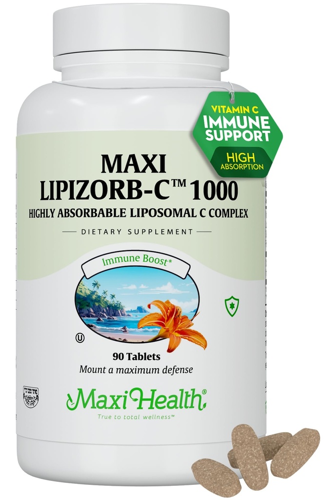 Maxi Health Liposomální vitamin C 1000mg tablety s trávicí směsí, vysoce absorbovatelné vysoké dávky vitaminC, Non GMO Kosher Vegetarian Doctor- Additional Imunitation Supplement (90 Počet)