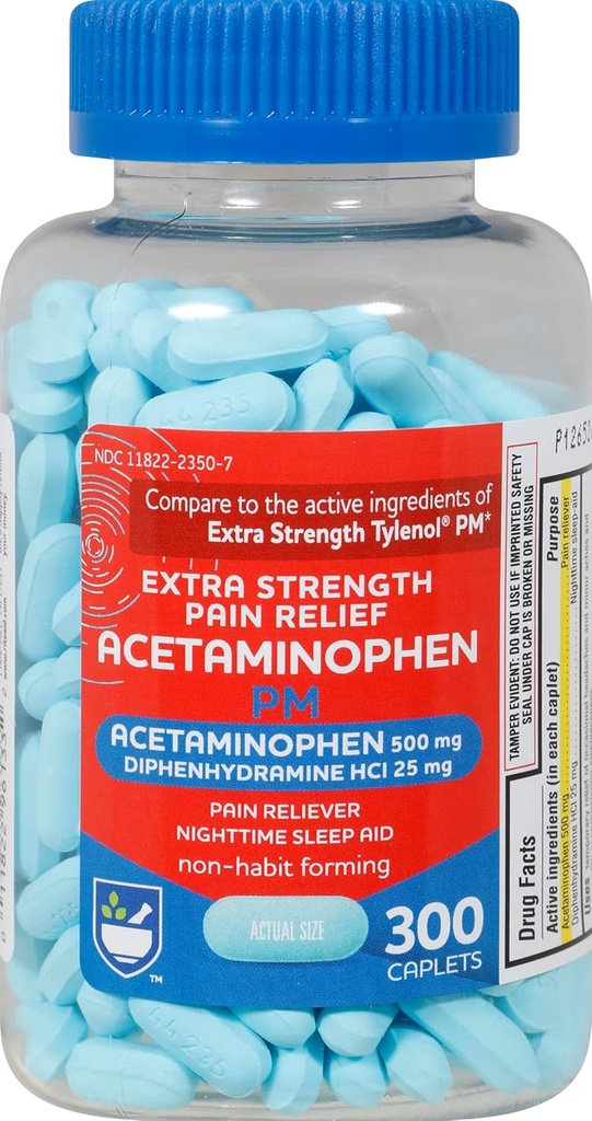 Rite Aid Extra Strength Pain Relief Acetaminophen PM Caplets, 500mg Acetaminophen / 25mg Difenhydramin - 300 Počet - Nighttime Pain Reliever + Sleep Aid