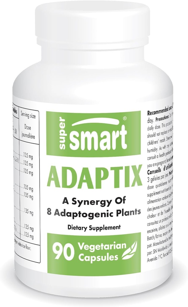 Supersmart Adaptix (Advanced Formule) - 8- in-1 Plant Extracts - Adaptogen Byliny s Ashwagandha, Astragalus, Ginseng, Reishi Côte 124; Non- GMO & Gluten Free - 90 Vegetariánské kapsle