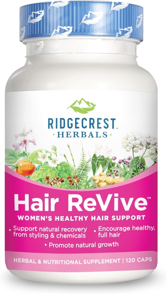 RidgeCrest Herbals Hair ReVive, Nutritional Hair Supplement s vitaminem C, Biotin (6000mcg), zinek, a měď, vlasové vitamíny pro ženy na podporu zdravé vlasy, kůže, a hřebíky (120 Caps, 30 Služeb)