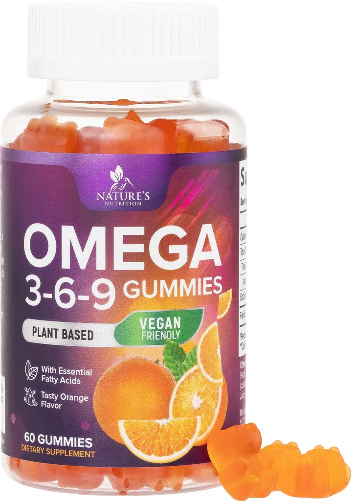 Omega 3 6 9 Gummies - Vegan Omega 3 dodatek Gummy - esenciální mastné kyseliny olej 369 Komplexní podpora srdce a mozku pro ženy, muži & Těhotenství, Ryby zdarma Non- GMO, Orange ochucené - 60 Gummies