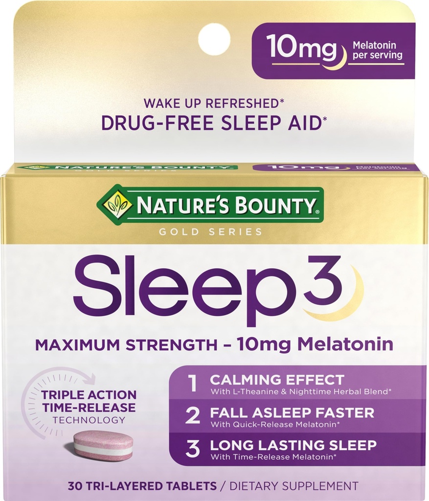 Nature 's Bounty Melatonin, Sleep3 Maximální síla 100% Drogy zdarma spánková pomoc, L- Theanin & Nighttime Bylinné míchání času technologie, 10mg, 30 Tri- Layered Tablety