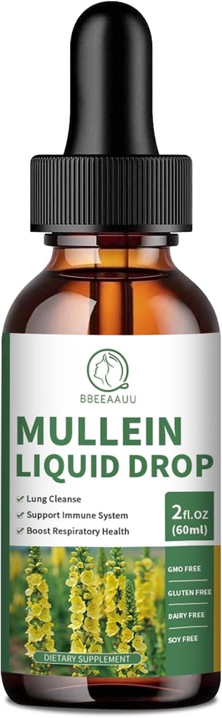 Mullein Drops for Lungs, Mullein Leaf Extract 1000MG pro Respirační, imunitní a stravovací podporu, s Quercetin, Marshmallow, Elderberry, Black Cumin Seed, Bromelain, Non- GMO, Vegan, 2 Fl Oz