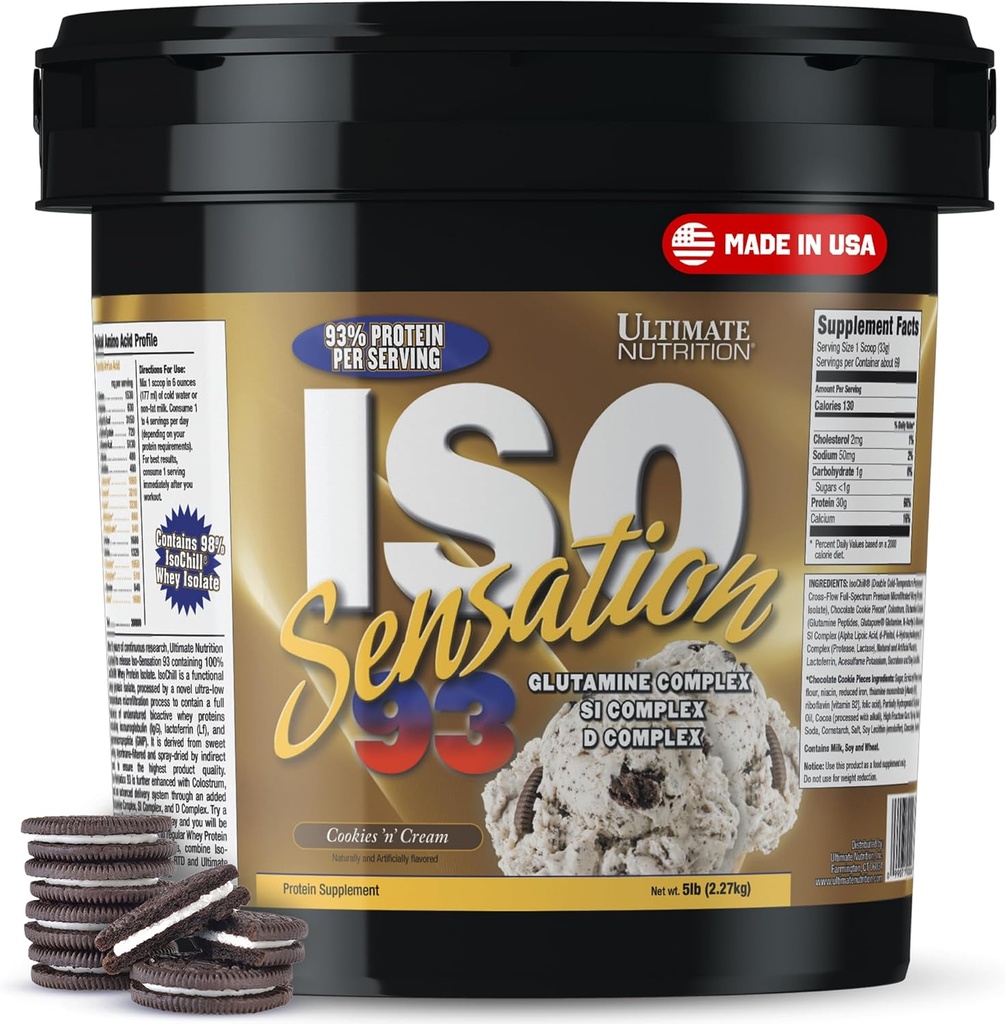 Ultimate Nutrition Whey Protein Isolate Powder with Glutamine Complex, ISO Sensation 93 - Syrovátkový protein Powder with Added Colostrum for Enhanced Recovery, Immunity & Gut Health - Cookies N Cream, 5lbs