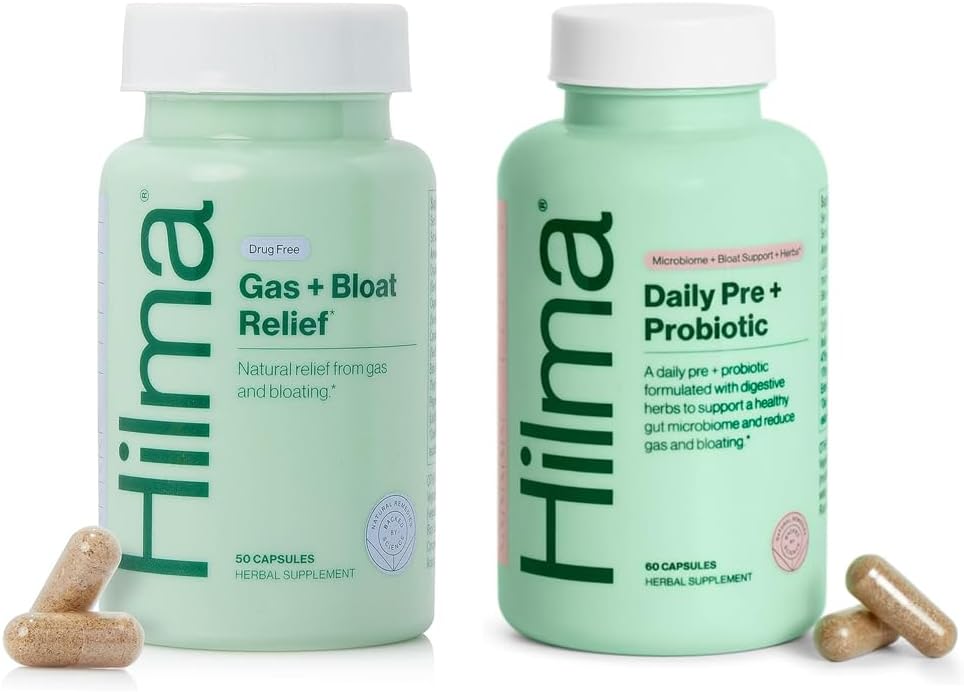 Hilma Zdravý Gut & Bloat Support Bundle - Gas & Bloat Relief (50 Vegan Kapsle) s Lemon Balm, Fennel & Peppermint Leaf + Daily Pre & Probiotic s bylinkami (60 Vegan Kapsle) pro zdravé Gut