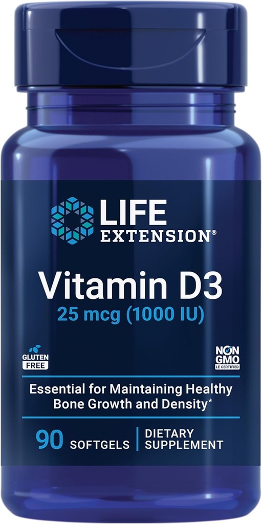 Life Extension Vitamin D3 25 mcg (1000 IU), Podpora imunitního systému, Kostní zdraví, Whole- Body Health, Velikost hodnoty, Gluten- Free, Non- GMO, 90 softgels