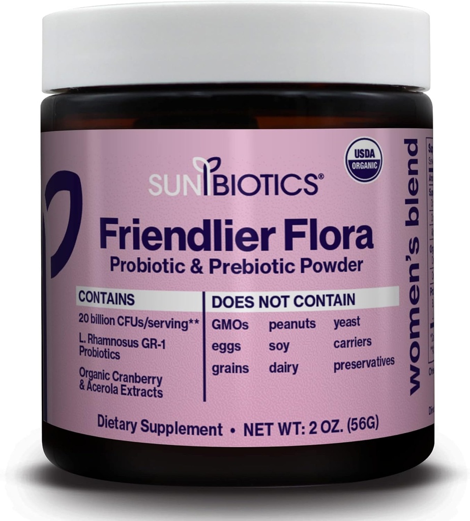 SUNBIOTIC Friendlier Flora - Dámská směs, 20 miliard CFU 6 Probiotických proužek, Dámské Denní trávicí vaginální a imunitní zdraví, Non- GMO a gluten Free, 2 Ounce
