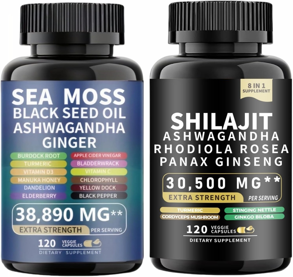 Mořský Moss a shilajit Moss Black Seed Oil Ashwagandha Ginger & shilajit rhodiola rosea panax Ginseng (120 hrabě)