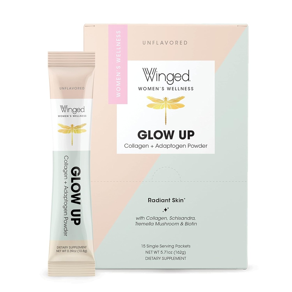 Winged Glow Up Collagen Powder 124; Lepší vlasy, kůže, hřebíky pro ženy 124; Tráva Fed Collagen Peptides W / Adaptogen Schisandra, Sněhová houba, Vitamin C & Biotin 124; Neochucené, Non Gmo, 15 Počet