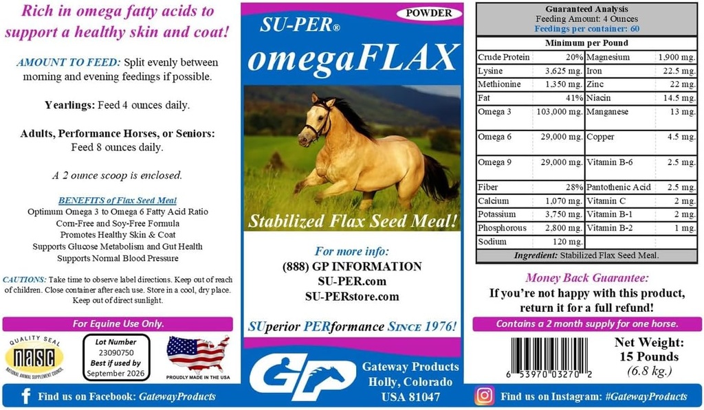 SU-PER OmegaFLAX Flax pro koně - Premium stabilizované Flax Seed Meal & Omega 3 dodatek - Podporuje zdravou pleť & Coat - 15 liber