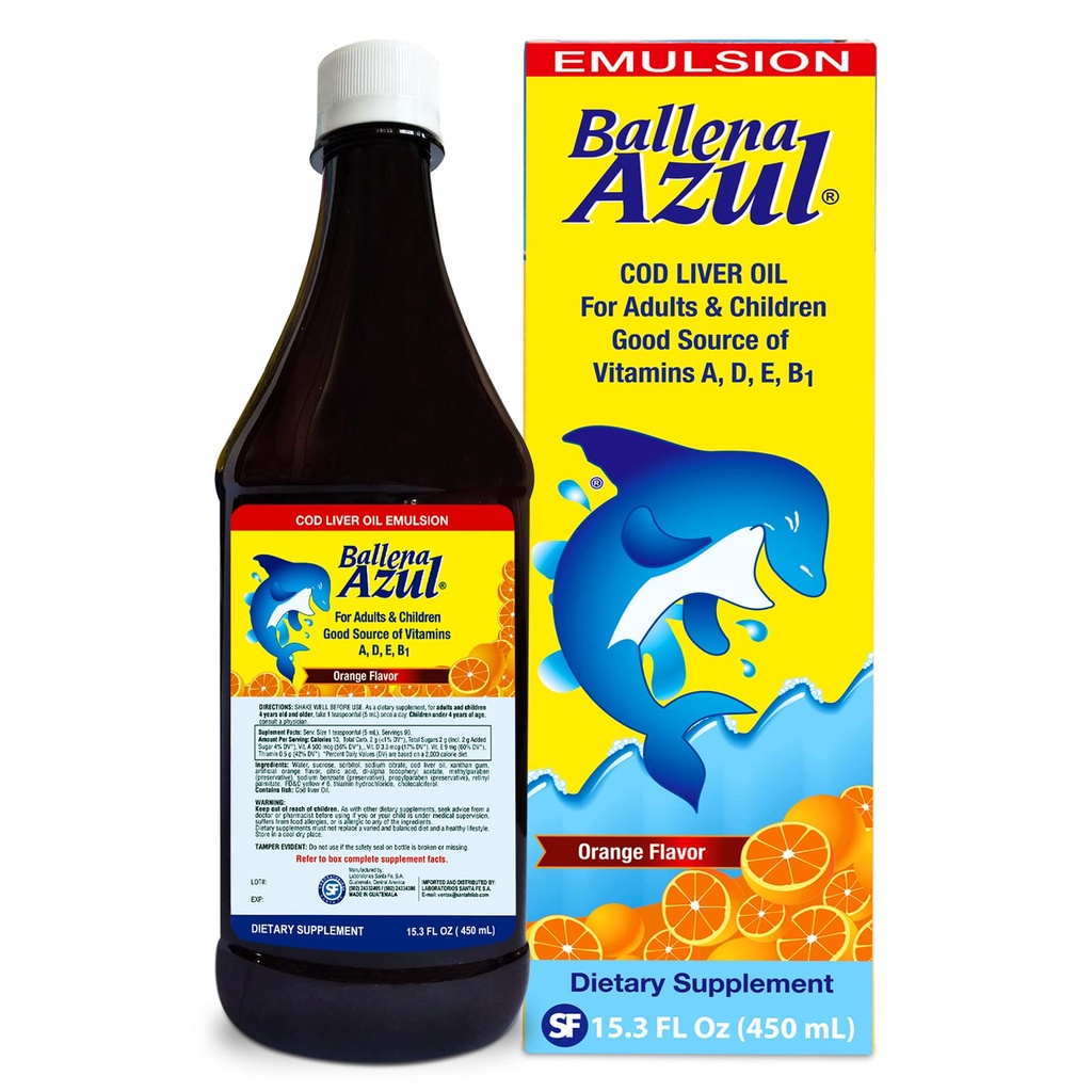 Ballena Azul Aceite de Hígado de Bacalao para Adultos y Niños, COD jaterní olej pro dospělé a děti, dobrý zdroj vitaminů A, D, E, B1, dodatek stravy, Omega 3, Inmune System Boost (ORANGE 15 OZ)
