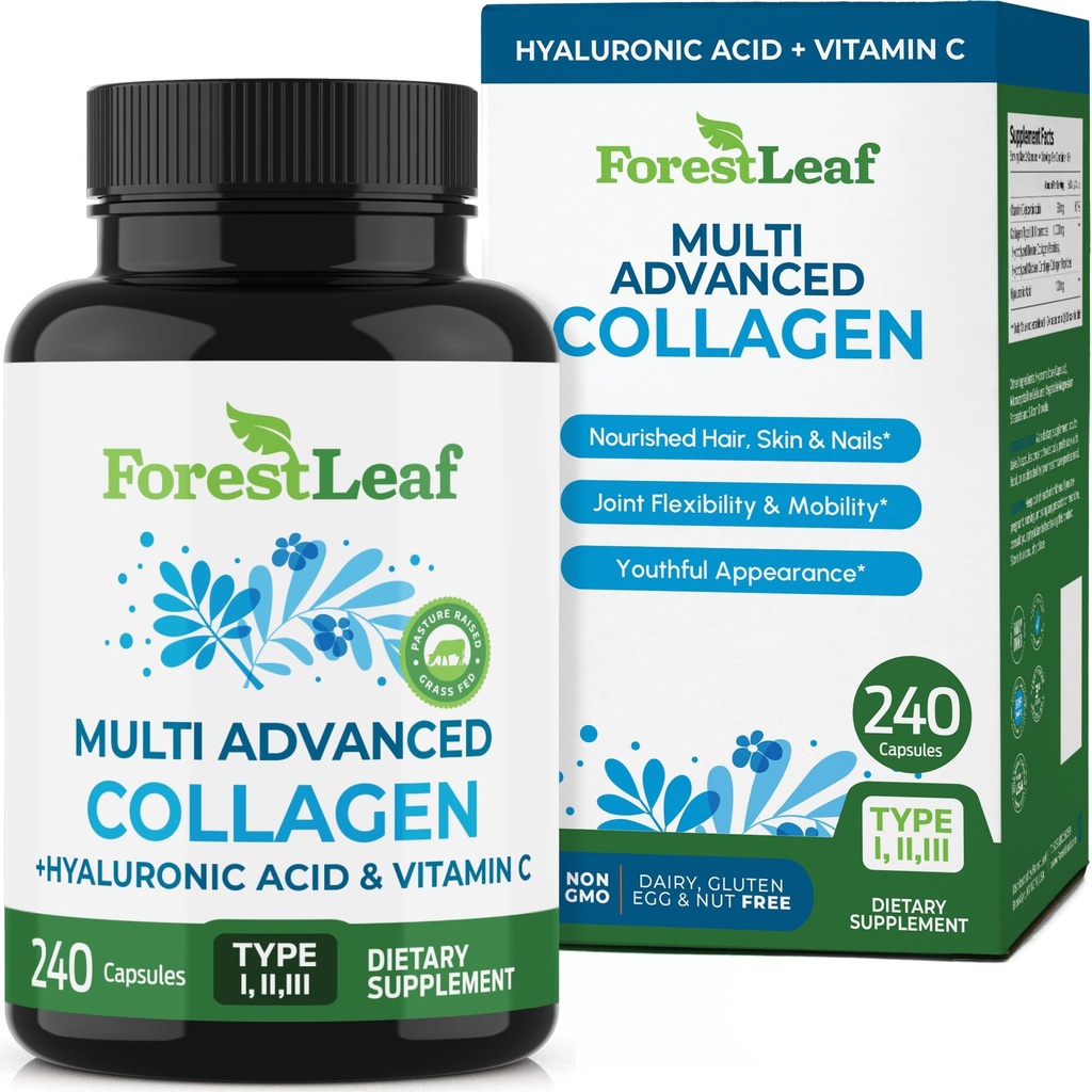 ForestLeaf Multi kolagen pilulky - kolagen muži a kolagen ženy - Hydrolyzované kolagen doplňky s vitaminem C & Hyaluronic acid - kolagen kapsle pro vlasy, kůži a nehty (240 Peptid kapsle)