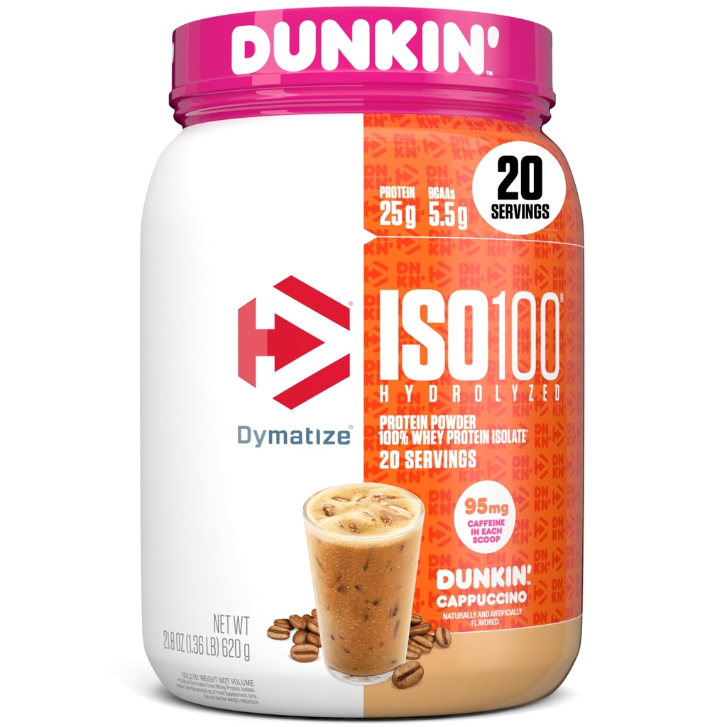 Dymatize x Dunkin 'Cappuccino ISO100 Whey Protein Powder, 95mg Caffeine, 25g protein5.5g BCAA, 120 Cal., Gluten Free, 1g Fat, 1g Sugar, 2g Carb (20 Služeb)