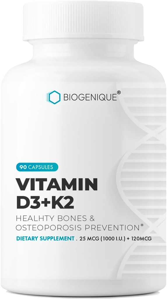 Vitamin D3 + K2, Natural Vitamin d3 25 mcg 1000 I.U. a Vitamin k2 jako MK-7 120 mcg - Promotes Heart, Bone & Zuby Health - 90 Příroda vyrobené kapsle - Non- GMO