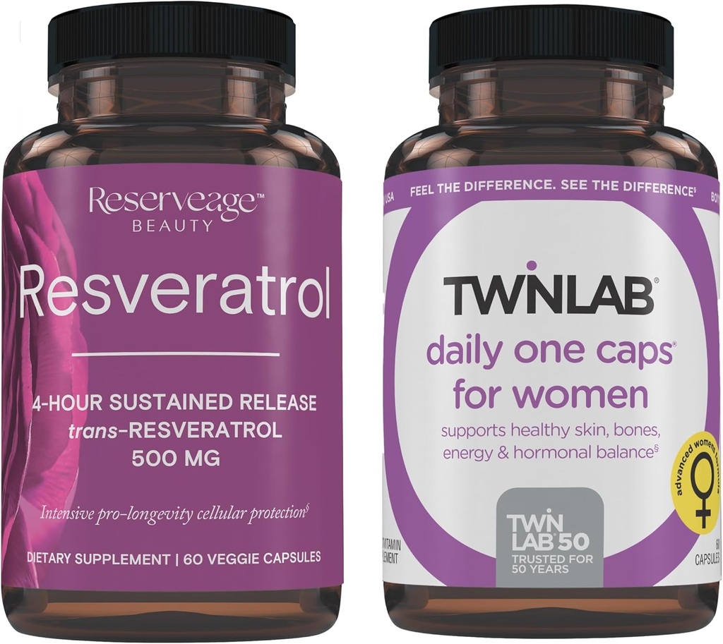 Reserved Beauty Resveratrol 500 mg - Sustainate -Release Trans- Resveratrol - Vegan Antioxidant Supplementary for Brain & Heart Health 60 Capsules & Twinlab TWL Women 's Daily One 60 ct